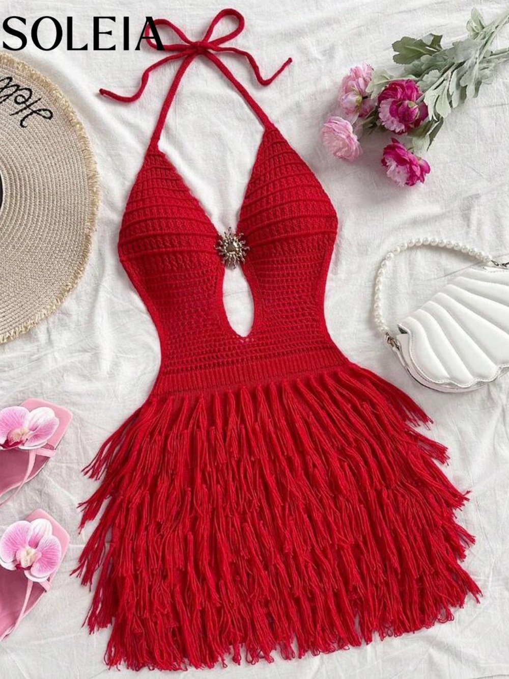 SHEIN Red Crochet Fringe Halter Swim Coverup